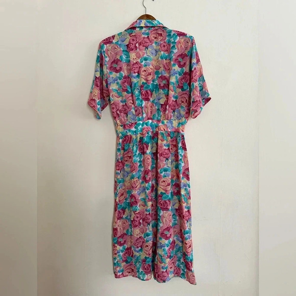 Vintage Floral Dress Size M/L Pink Pockets Modest 80s 90s Day Dress - Picture 2 of 6